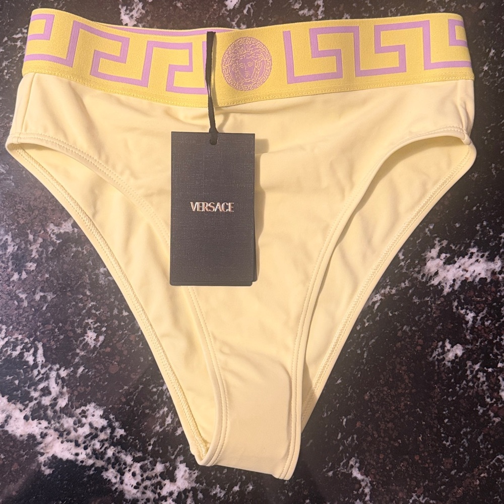 Versace 💛 Pale Yellow Medusa and Greca Print High Waist Bikini Bottom - Picture 4 of 11